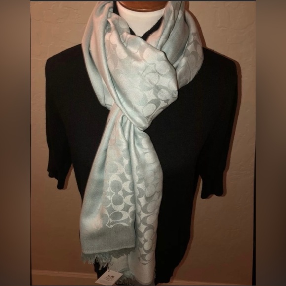 NEW Coach Signature Lightwt Stole/Scarf in Mint/DuckEgg Blue 50%Silk Rare 84x26” - Picture 3 of 16